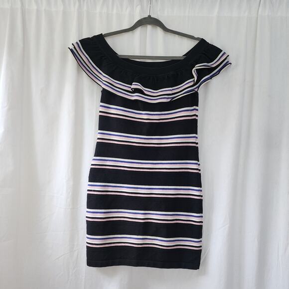 MSGM Milano Striped Knit Mini Off Shoulder Dress M Black White Pink Ruffle Party - Picture 9 of 11